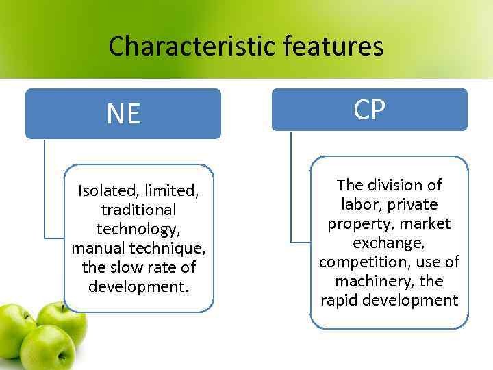 Characteristic features NE Isolated, limited, traditional technology, manual technique, the slow rate of development.