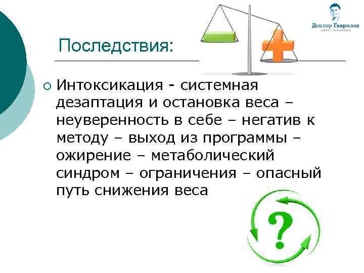 Последствия: ¡ Интоксикация - системная дезаптация и остановка веса – неуверенность в себе –