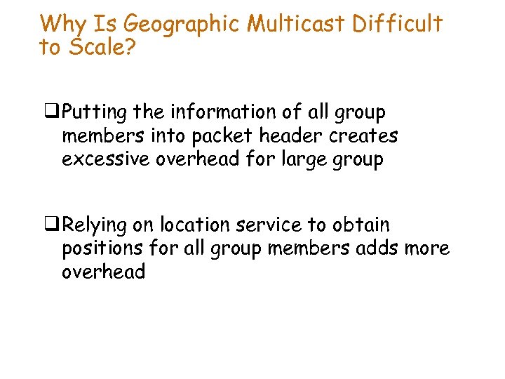 Why Is Geographic Multicast Difficult to Scale? q Putting the information of all group