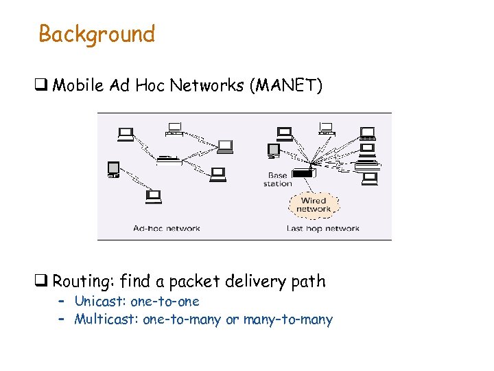 Background q Mobile Ad Hoc Networks (MANET) q Routing: find a packet delivery path