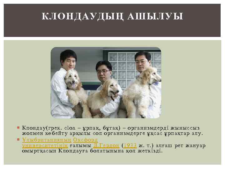 КЛОНДАУДЫҢ АШЫЛУЫ Клондау(грек. clon – ұрпақ, бұтақ) – организмдерді жыныссыз жолмен көбейту арқылы сол