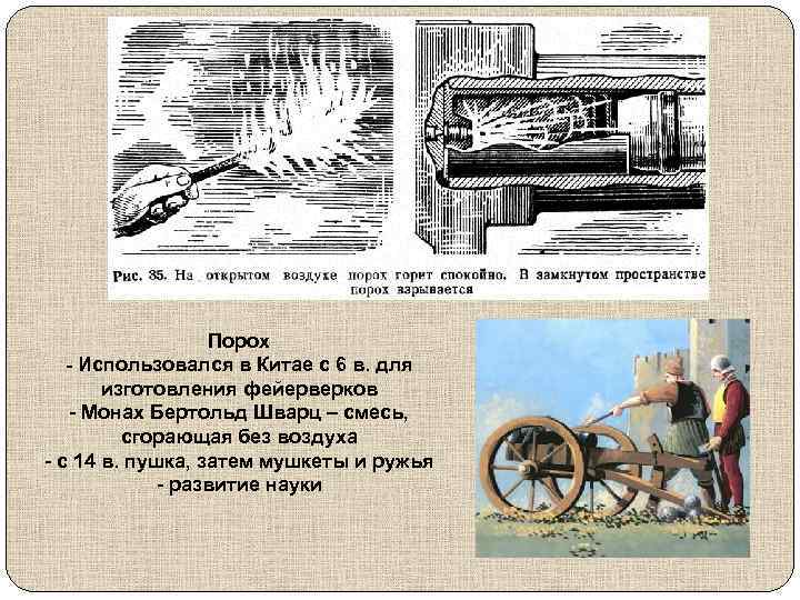 Порох - Использовался в Китае с 6 в. для изготовления фейерверков - Монах Бертольд