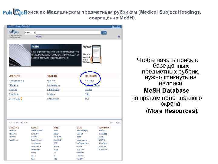 Поиск по Медицинским предметным рубрикам (Medical Subject Headings, сокращённо Me. SH). Чтобы начать поиск