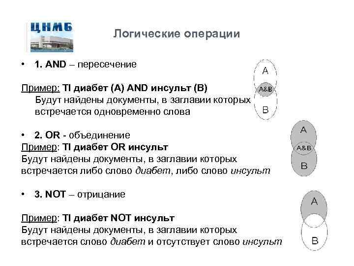 Логические операции • 1. AND – пересечение Пример: TI диабет (А) AND инсульт (В)