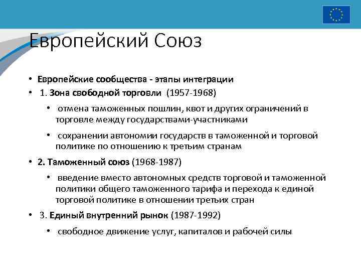 Европейский Союз • Европейские сообщества - этапы интеграции • 1. Зона свободной торговли (1957