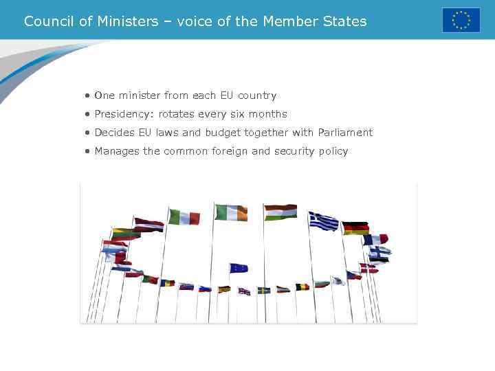 Council of Ministers – voice of the Member States • One minister from each