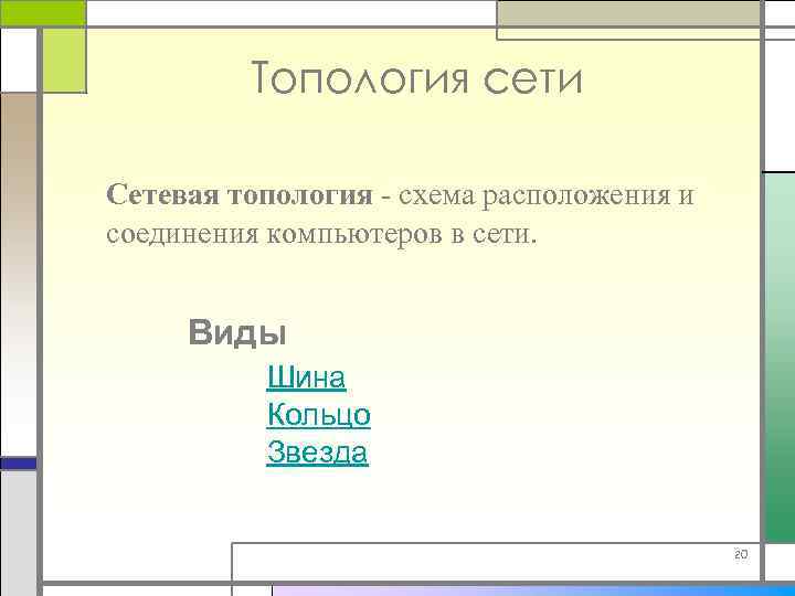 Топология сети Сетевая топология - схема расположения и соединения компьютеров в сети. Виды Шина