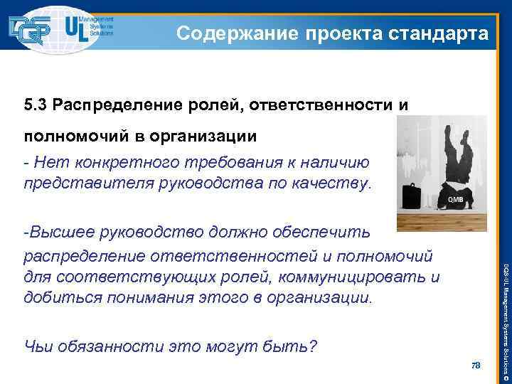 Содержание проекта стандарта 5. 3 Распределение ролей, ответственности и полномочий в организации - Нет