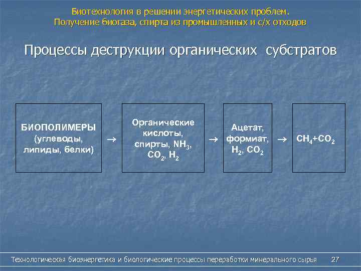 Биотехнология в решении энергетических проблем. Получение биогаза, спирта из промышленных и с/х отходов Процессы