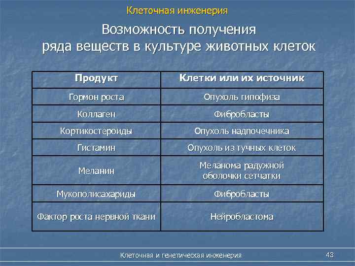 Клеточная инженерия Возможность получения ряда веществ в культуре животных клеток Продукт Клетки или их