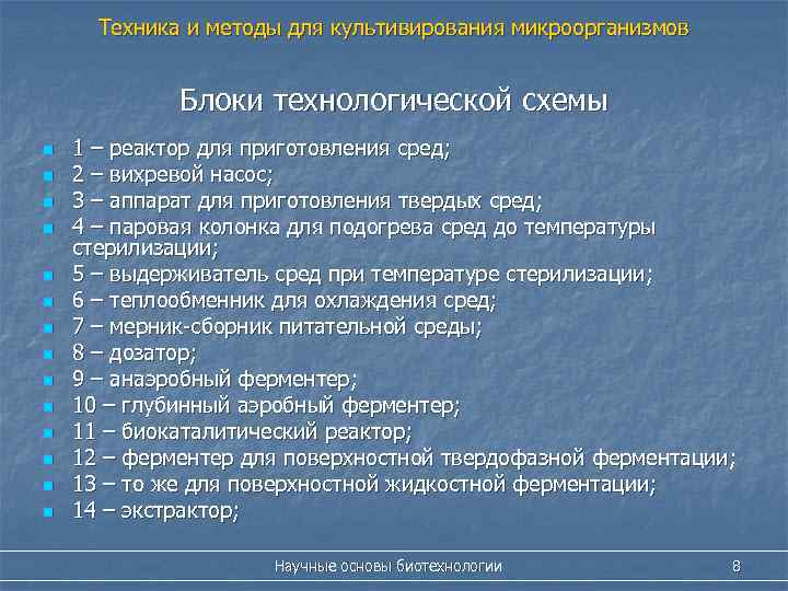 Техника и методы для культивирования микроорганизмов Блоки технологической схемы n n n n 1