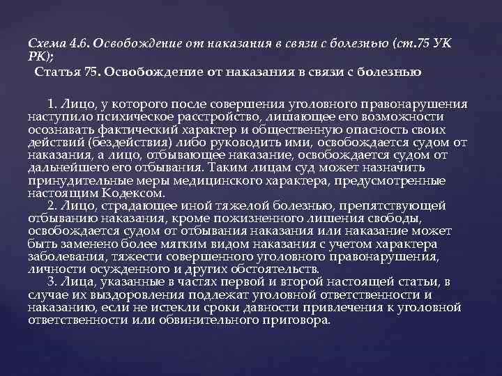 Схема 4. 6. Освобождение от наказания в связи с болезнью (ст. 75 УК РК);