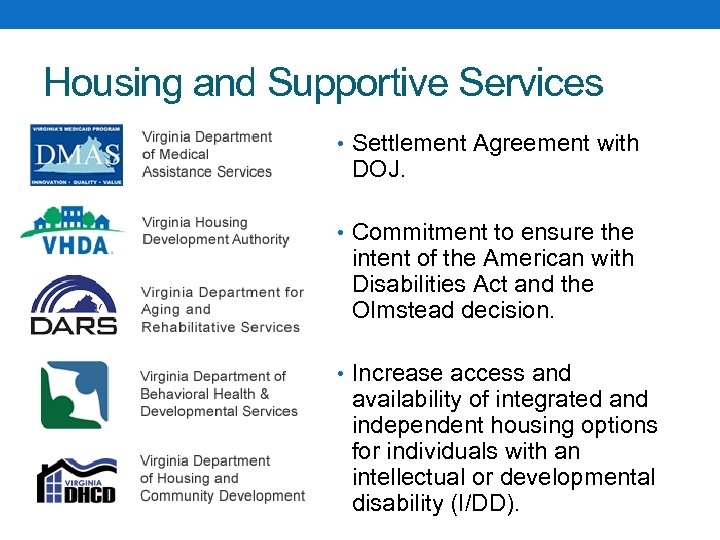 Housing and Supportive Services • Settlement Agreement with DOJ. • Commitment to ensure the