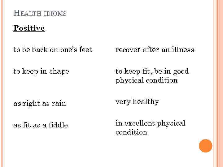 HEALTH IDIOMS Positive to be back on one’s feet recover after an illness to