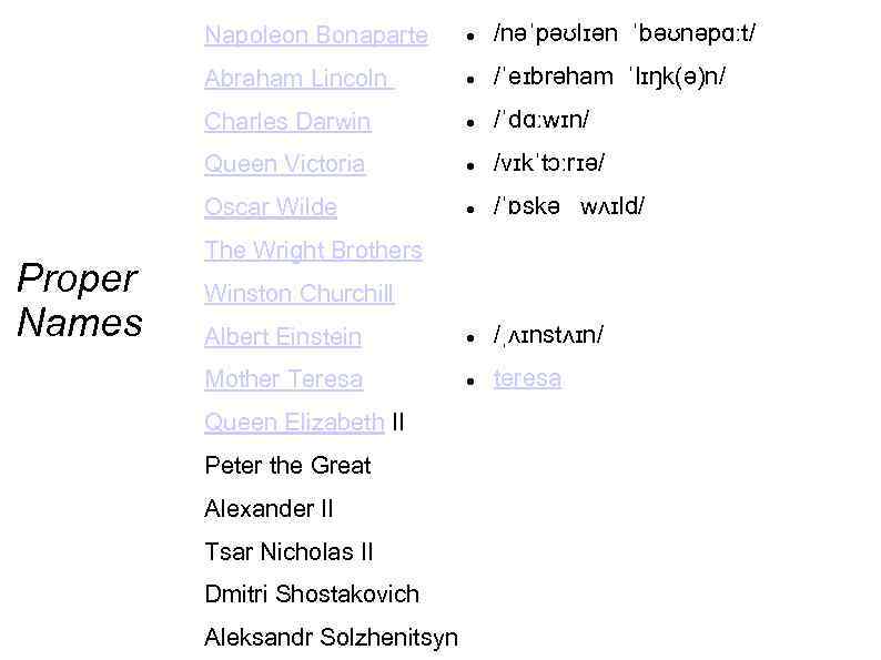 Napoleon Bonaparte /nəˈpəʊlɪən ˈbəʊnəpɑːt/ Abraham Lincoln /ˈeɪbrəham ˈlɪŋk(ə)n/ Charles Darwin /ˈdɑːwɪn/ Queen Victoria /vɪkˈtɔːrɪə/