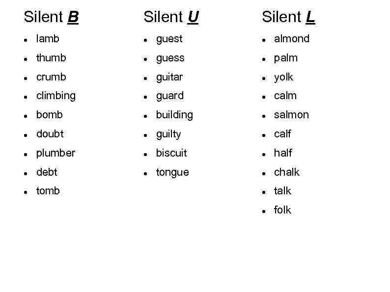 Silent B Silent U Silent L lamb guest almond thumb guess palm crumb guitar
