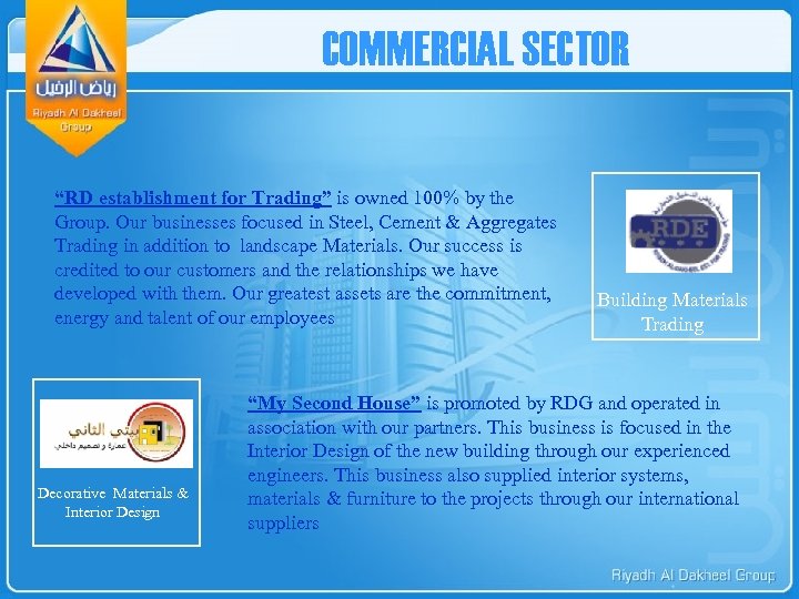 COMMERCIAL SECTOR “RD establishment for Trading” is owned 100% by the Group. Our businesses