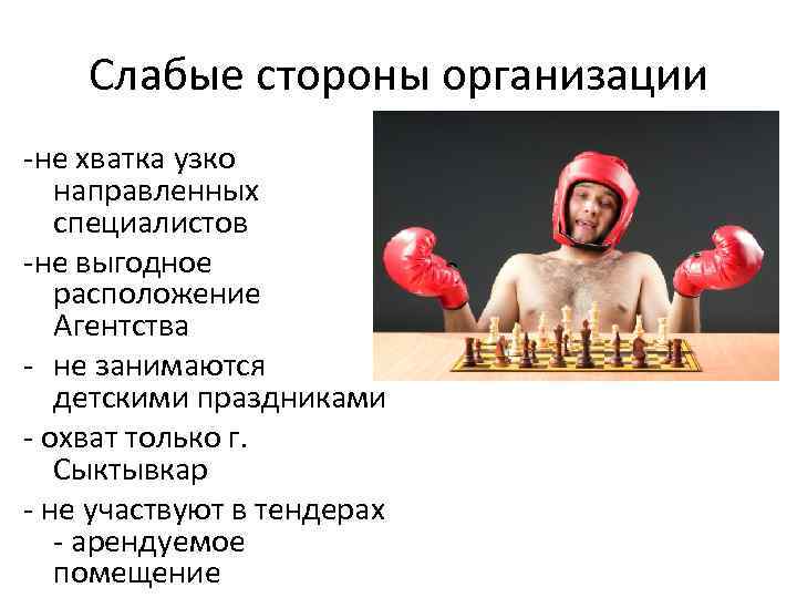 Слабые стороны организации -не хватка узко направленных специалистов -не выгодное расположение Агентства - не