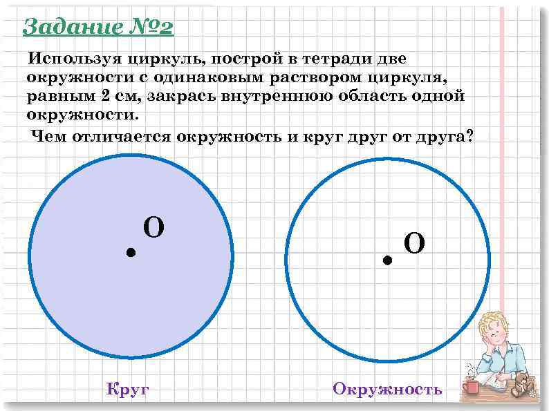 Задание № 2 Используя циркуль, построй в тетради две окружности с одинаковым раствором циркуля,