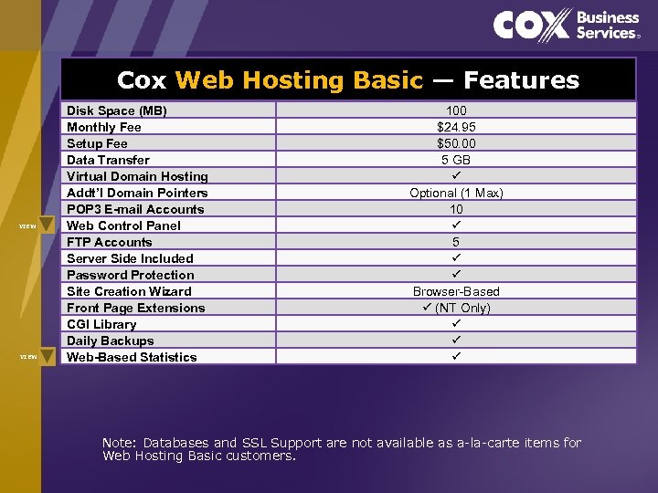 Cox Web Hosting Basic — Features VIEW Disk Space (MB) Monthly Fee Setup Fee