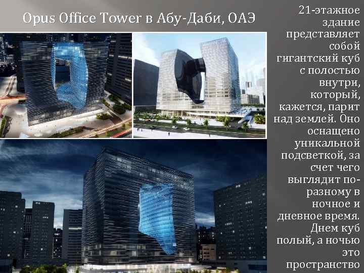 Opus Office Tower в Абу-Даби, ОАЭ Олимпийский стадион в Токио 2020 г. 21 -этажное