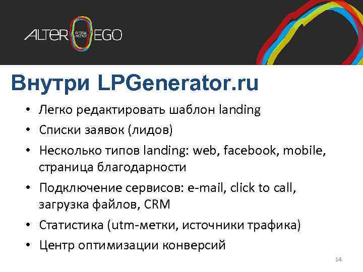 Внутри LPGenerator. ru • Легко редактировать шаблон landing • Списки заявок (лидов) • Несколько