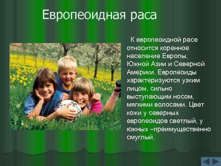 Европеоидная раса К европеоидной расе относится коренное население Европы, Южной Азии и Северной Америки.