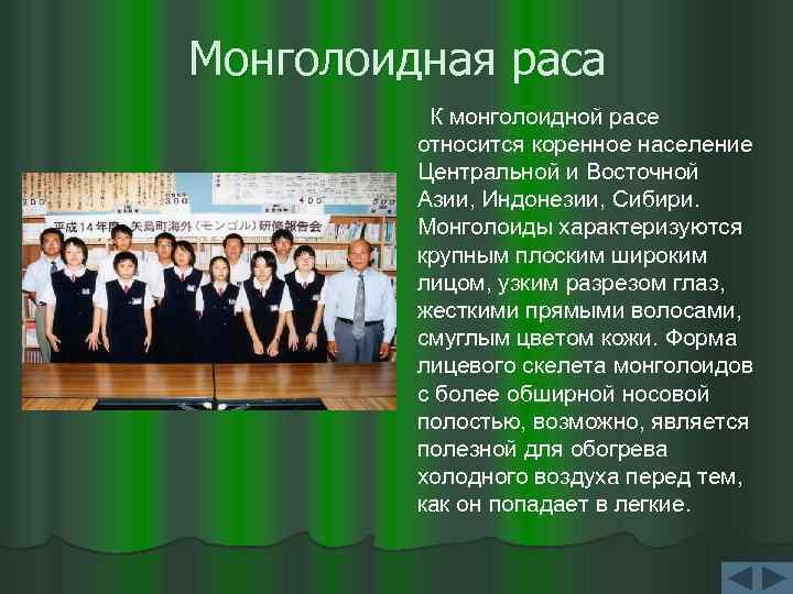 Монголоидная раса К монголоидной расе относится коренное население Центральной и Восточной Азии, Индонезии, Сибири.
