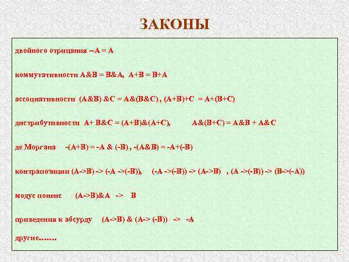 ЗАКОНЫ двойного отрицания --A = A коммутативности A&B = B&A, A+B = B+A ассоциативности