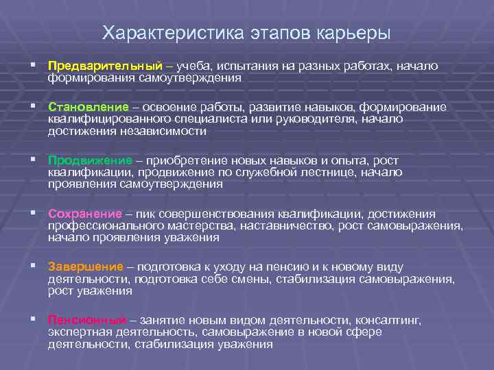 Характеристика этапов карьеры § Предварительный – учеба, испытания на разных работах, начало формирования самоутверждения