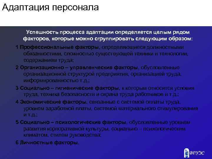 Адаптация персонала Успешность процесса адаптации определяется целым рядом факторов, которые можно сгруппировать следующим образом: