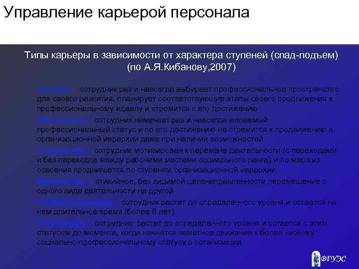 Управление карьерой персонала Типы карьеры в зависимости от характера ступеней (спад подъем) (по А.