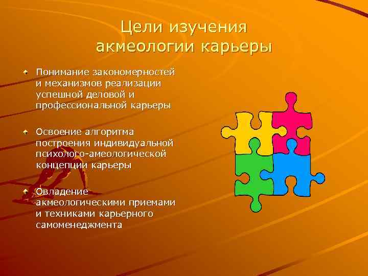 Цели изучения акмеологии карьеры Понимание закономерностей и механизмов реализации успешной деловой и профессиональной карьеры