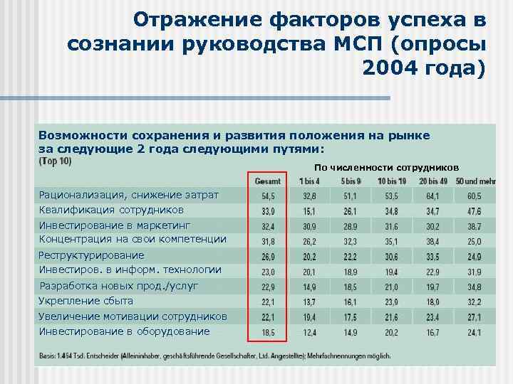 Отражение факторов успеха в сознании руководства МСП (опросы 2004 года) Возможности сохранения и развития