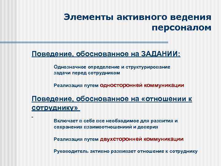 Элементы активного ведения персоналом Поведение, обоснованное на ЗАДАНИИ: Однозначное определение и структурирование задачи перед