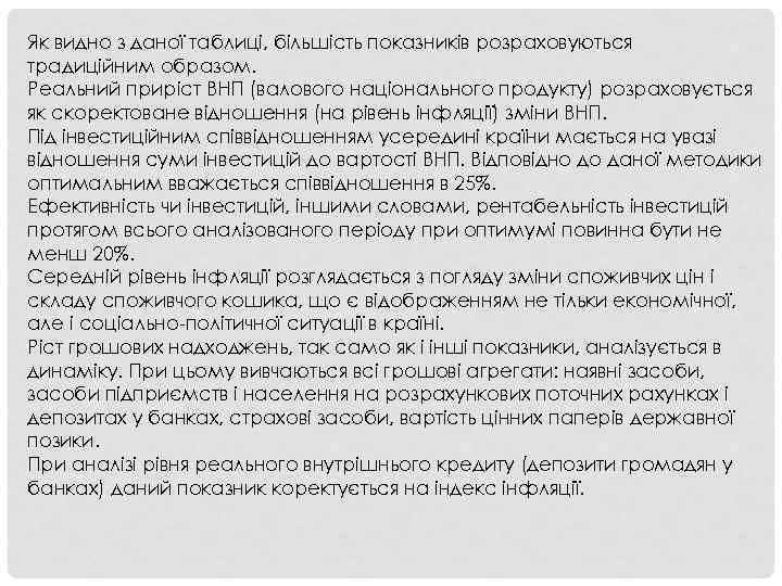 Як видно з даної таблиці, більшість показників розраховуються традиційним образом. Реальний приріст ВНП (валового