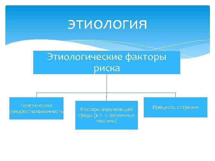 этиология Этиологические факторы риска Генетическая предрасположенность Факторы окружающей среды (в т. ч. различные токсины)