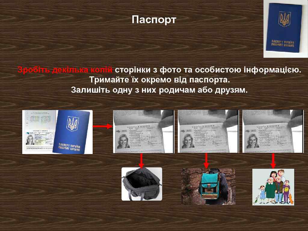 Паспорт Зробіть декілька копій сторінки з фото та особистою інформацією. Тримайте їх окремо від