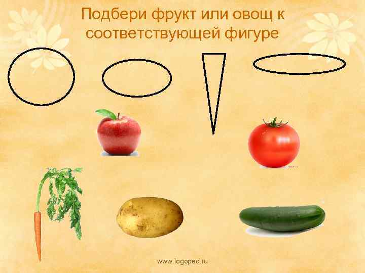 Подбери фрукт или овощ к соответствующей фигуре www. logoped. ru 
