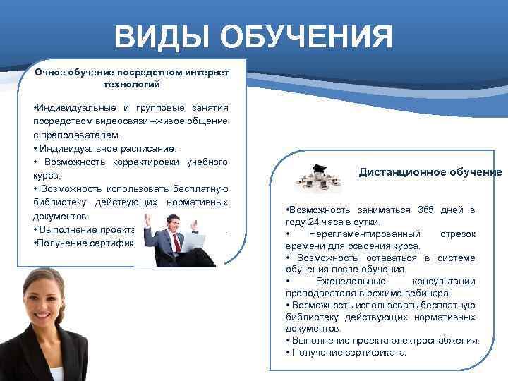 ВИДЫ ОБУЧЕНИЯ Очное обучение посредством интернет технологий • Индивидуальные и групповые занятия посредством видеосвязи