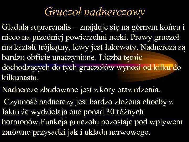 Gruczoł nadnerczowy Gladula suprarenalis – znajduje się na górnym końcu i nieco na przedniej