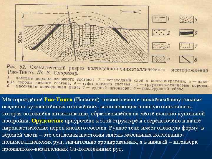 Месторождение Рио-Тинто (Испания) локализовано в нижнекаменноугольных осадочно вулканогенных отложениях, выполняющих пологую синклиналь, которая осложнена