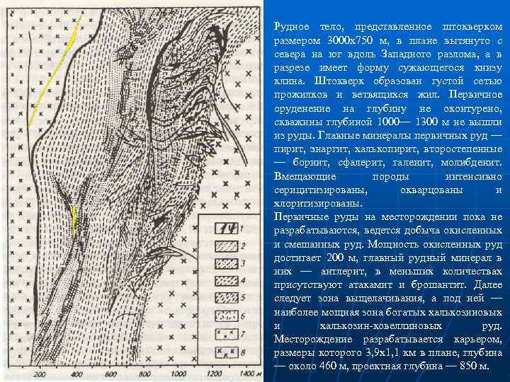 Рудное тело, представленное штокверком размером 3000 x 750 м, в плане вытянуто с севера