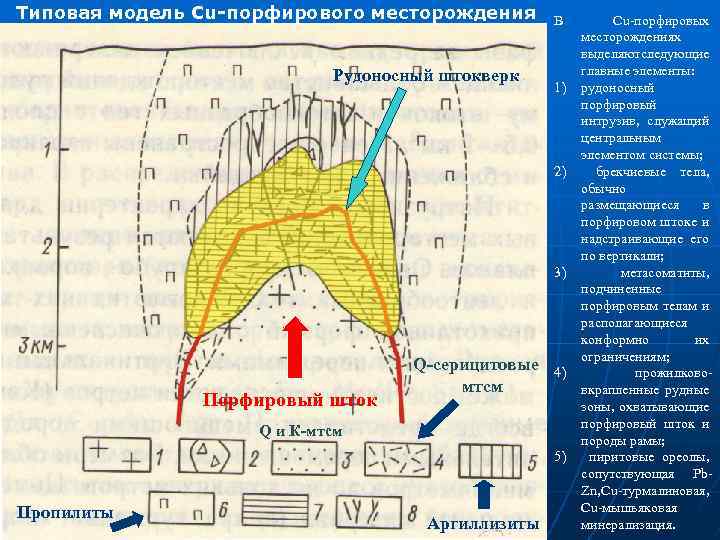 Типовая модель Cu-порфирового месторождения Рудоносный штокверк В 1) 2) 3) Порфировый шток Q-серицитовые 4)