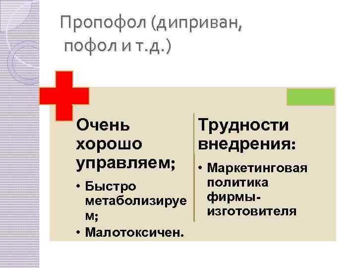 Пропофол (диприван, пофол и т. д. ) Очень хорошо управляем; Трудности внедрения: • Маркетинговая