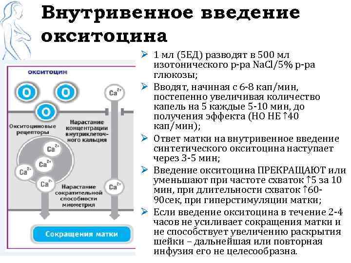 Внутривенное введение окситоцина Ø 1 мл (5 ЕД) разводят в 500 мл изотонического р-ра