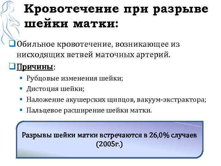 Кровотечение при разрыве шейки матки: q Обильное кровотечение, возникающее из нисходящих ветвей маточных артерий.