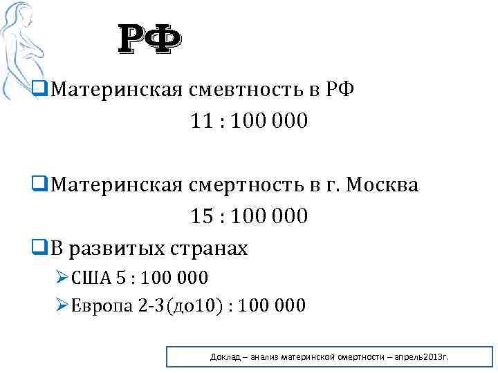 РФ q. Материнская смевтность в РФ 11 : 100 000 q. Материнская смертность в