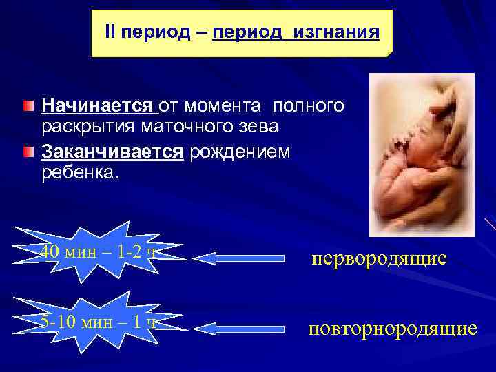 II период – период изгнания Начинается от момента полного раскрытия маточного зева Заканчивается рождением