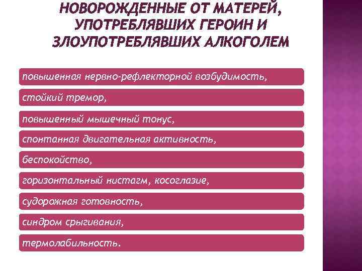 НОВОРОЖДЕННЫЕ ОТ МАТЕРЕЙ, УПОТРЕБЛЯВШИХ ГЕРОИН И ЗЛОУПОТРЕБЛЯВШИХ АЛКОГОЛЕМ повышенная нервно-рефлекторной возбудимость, стойкий тремор, повышенный